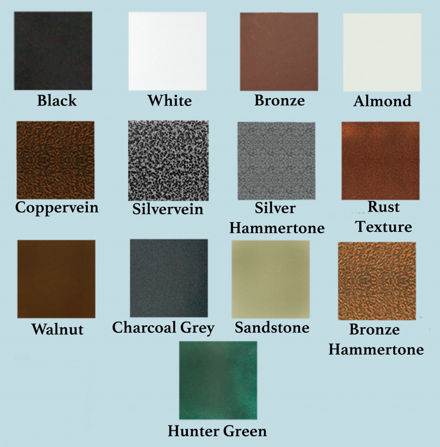 An image of all the different types of security storm door colors offered by Liberty, including the custom colors.